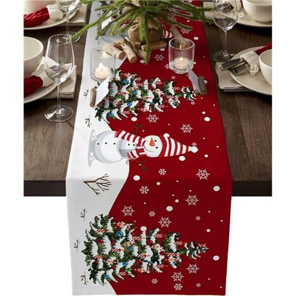 Christmas Table Runner - 108 Inches, Snowman Rustic Red Snowflake, 13"x 108" - Picture 2 of 6